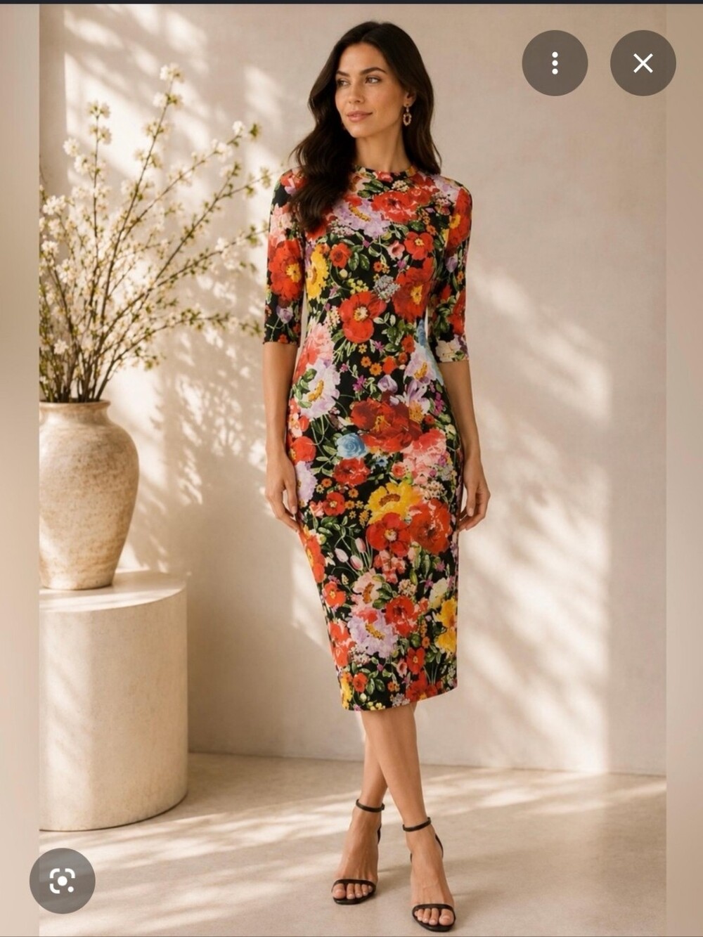 Alice + Olivia Black Floral Midi Dress with Red & Yellow Blooms